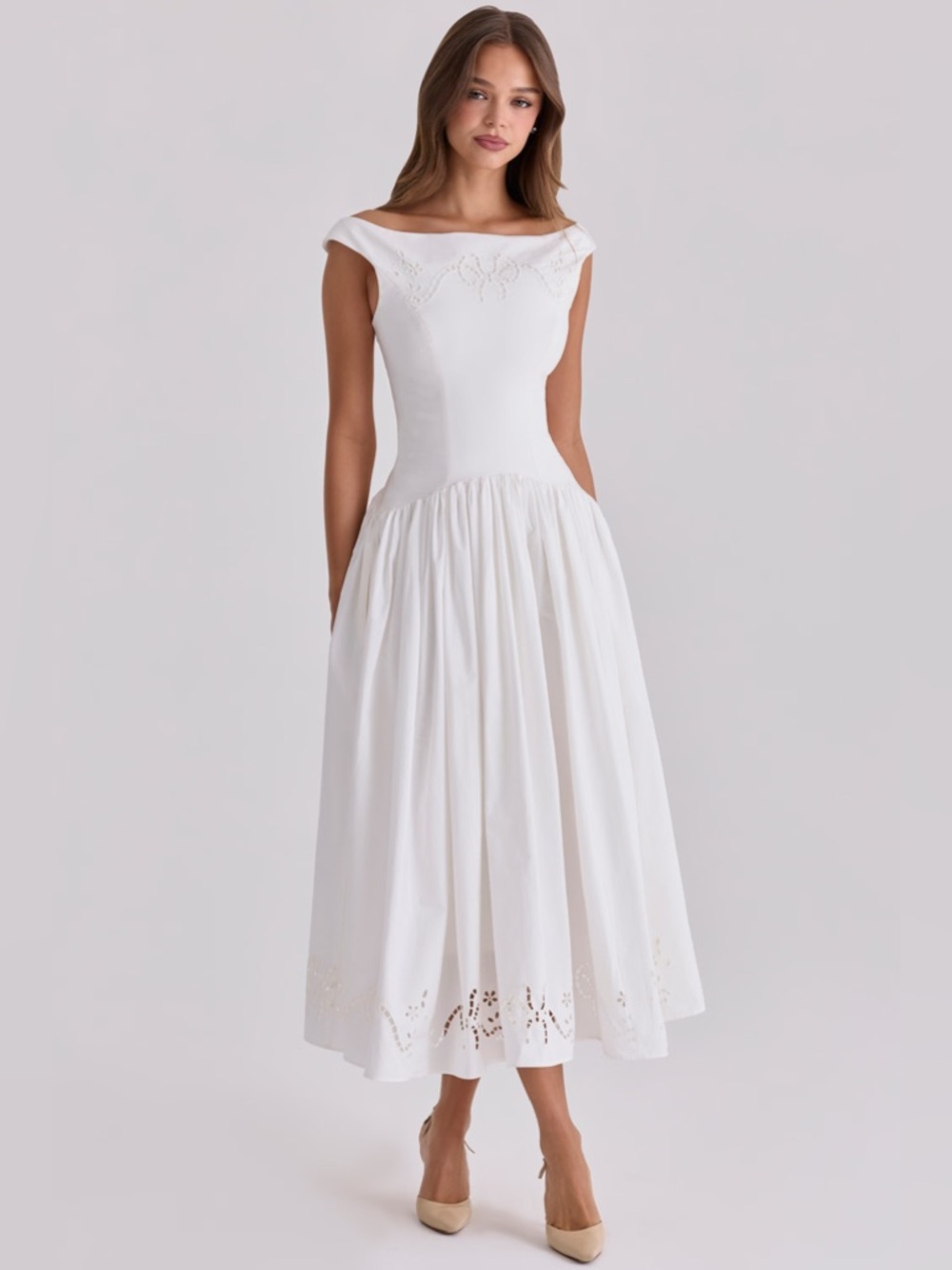 House of Cb LAUREN White Cotton Broderie Anglaise Boat Neck Maxi Dress - Picture 2 of 5